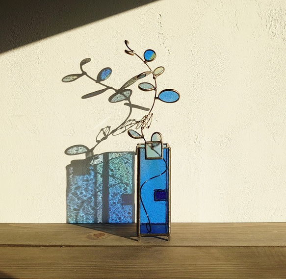 四角パーツの小さな花器スリム・シリンダー付き・青 5枚目の画像