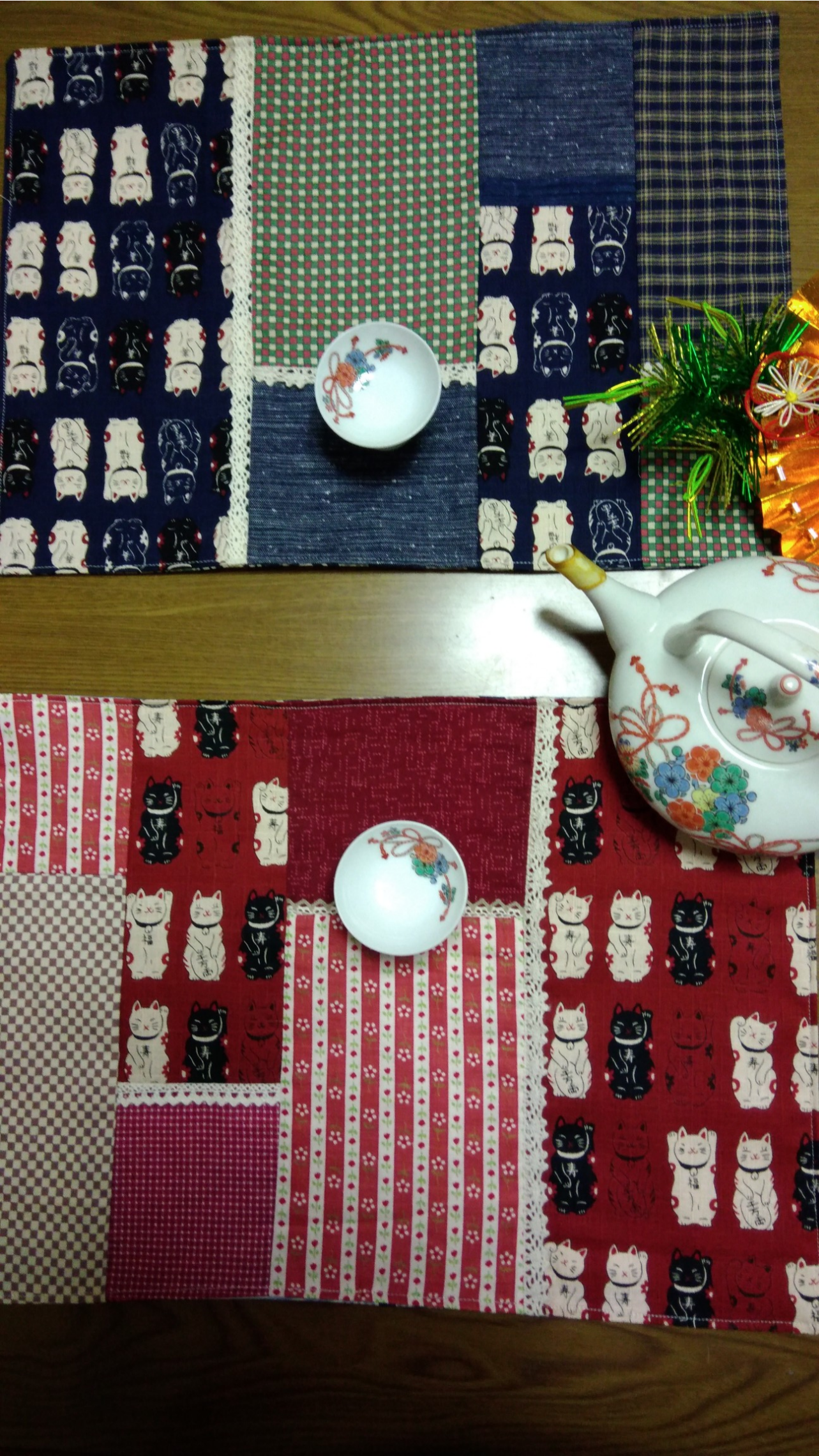 和風柄のパッチワークランチョンマット 招き猫柄2枚セット ランチョン