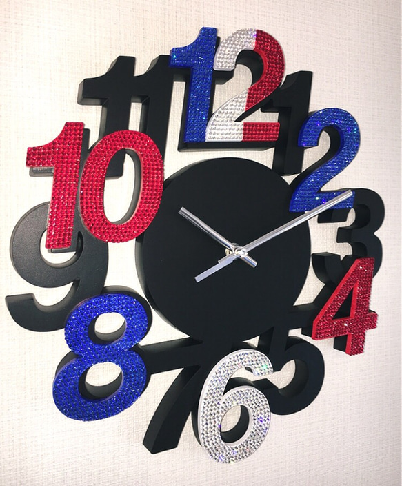 【大人気！】スワロフスキーデコ オリジナル掛け時計(トリコロールデザイン)