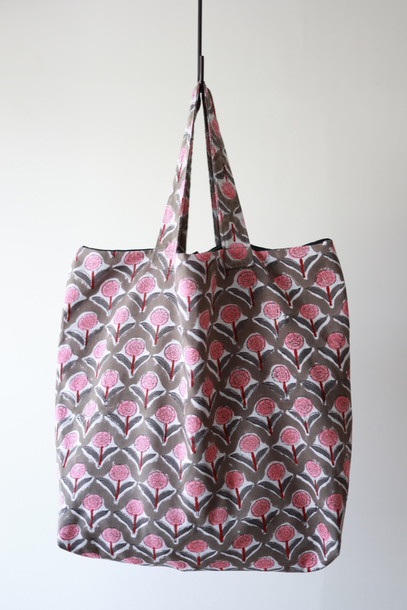 Hand block print kinchaku bag / hana pink 『カーネーション』 7枚目の画像