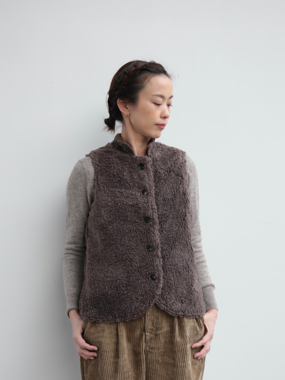 oyajisan boa RV vest / brown plaid 3枚目の画像