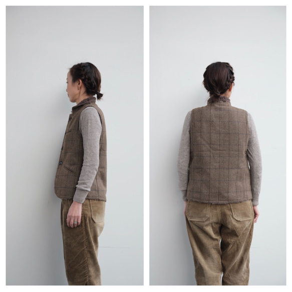 oyajisan boa RV vest / brown plaid 4枚目の画像