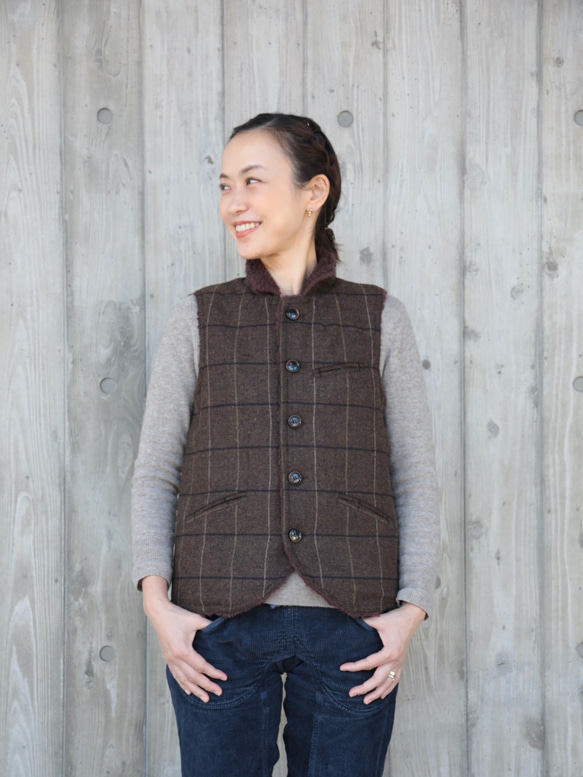 oyajisan boa RV vest / dark brown plaid 1枚目の画像