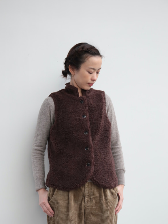 oyajisan boa RV vest / dark brown plaid 3枚目の画像