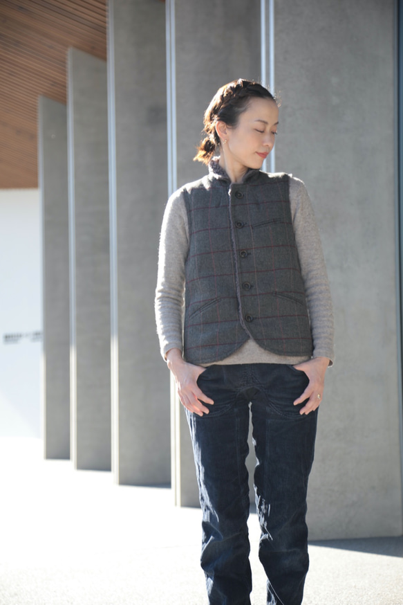 oyajisan boa RV vest / gray plaid 2枚目の画像