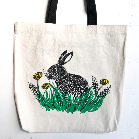 rabbit and dandelion tote bag w/long handle 1枚目の画像