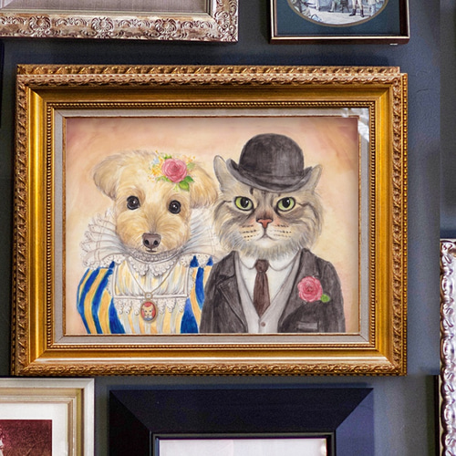 並んで肖像画風イラスト＊ペットさんの似顔絵＊猫 おもちゃ・ペット
