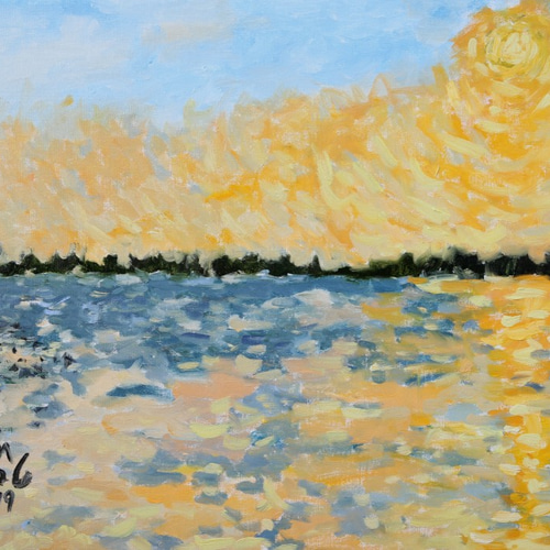 Master子の絵画シリーズ]油絵「水鳥の夕日」[印象派] 絵画 柚子老師