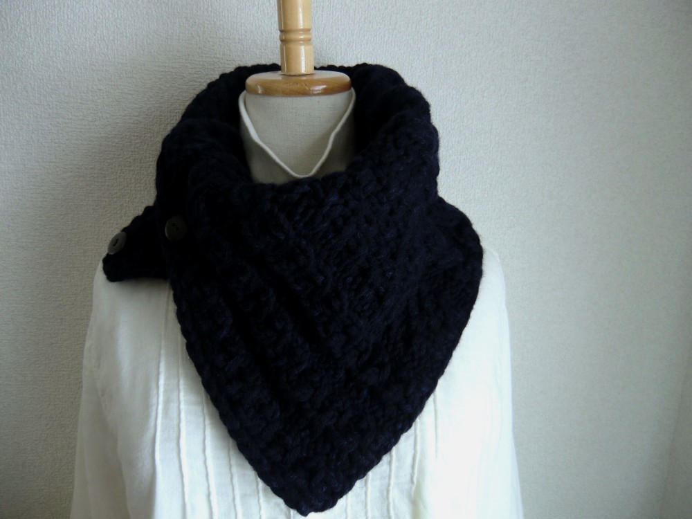 ラムウール　アラン模様のカウル　Lサイズ（ダークネイビー）typeB