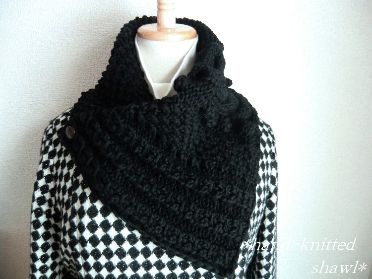 カシミヤ100％　アラン模様のカウル（黒）