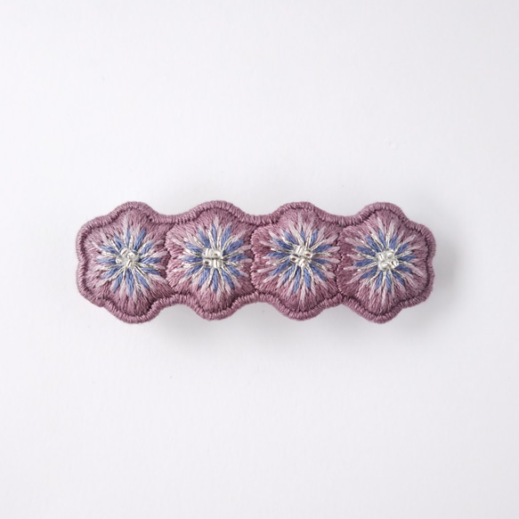 フラワー 刺繍 バレッタ (紫×青) 2枚目の画像