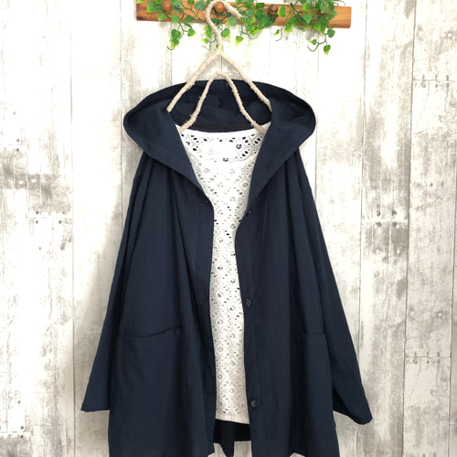 秋ネイビーcottonリネンやわらかフード付きカーディガン ジャケット 