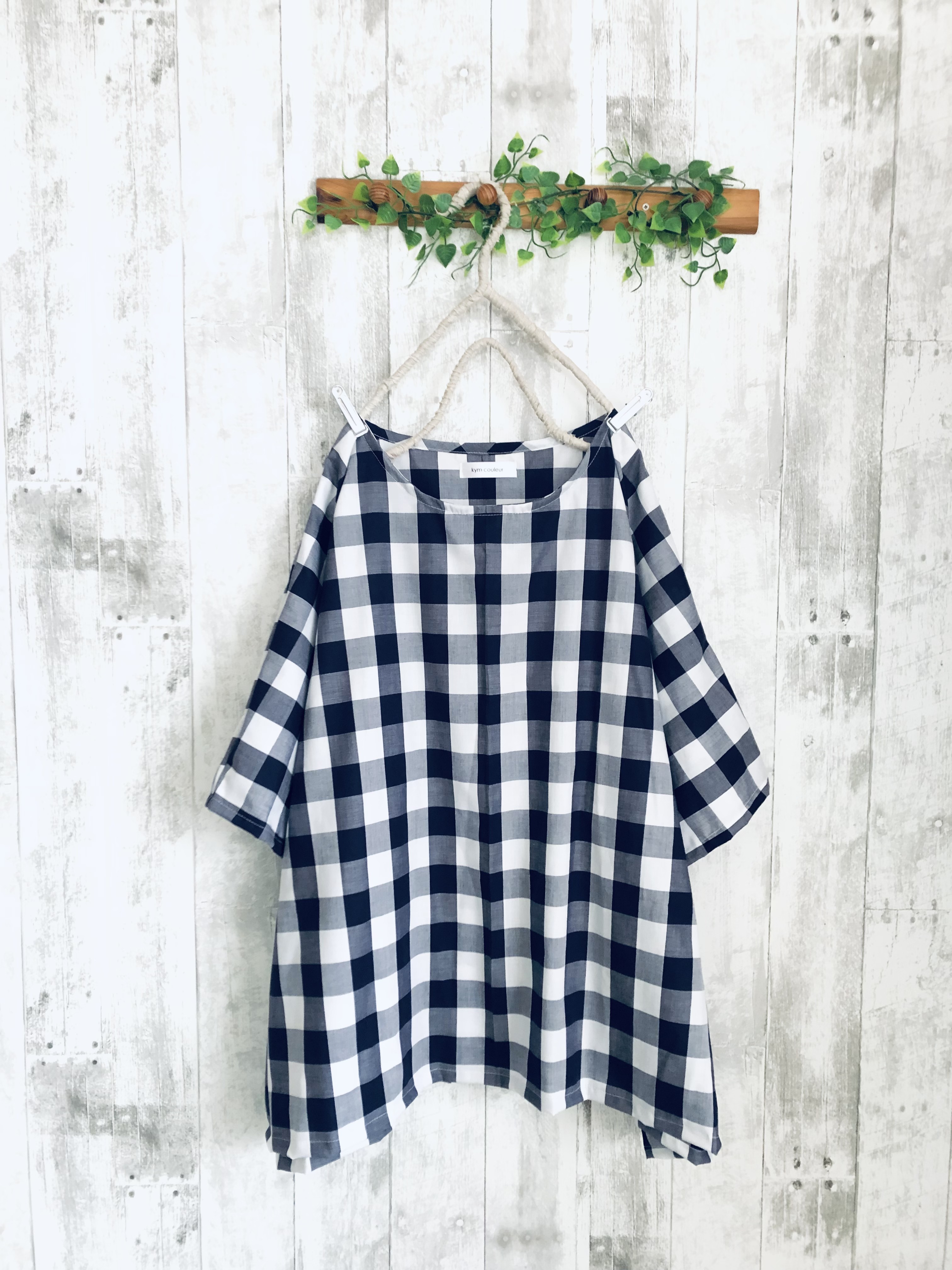 ネイビーブロックチェックcotton100%ゆったりドルマンTシャツブラウス