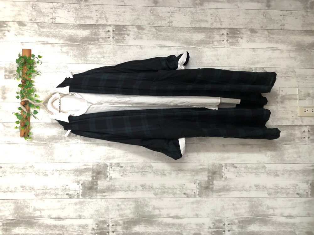 夏秋ブラックウォッチパッチ柄ふんわりダブルガーゼローブカーディガン