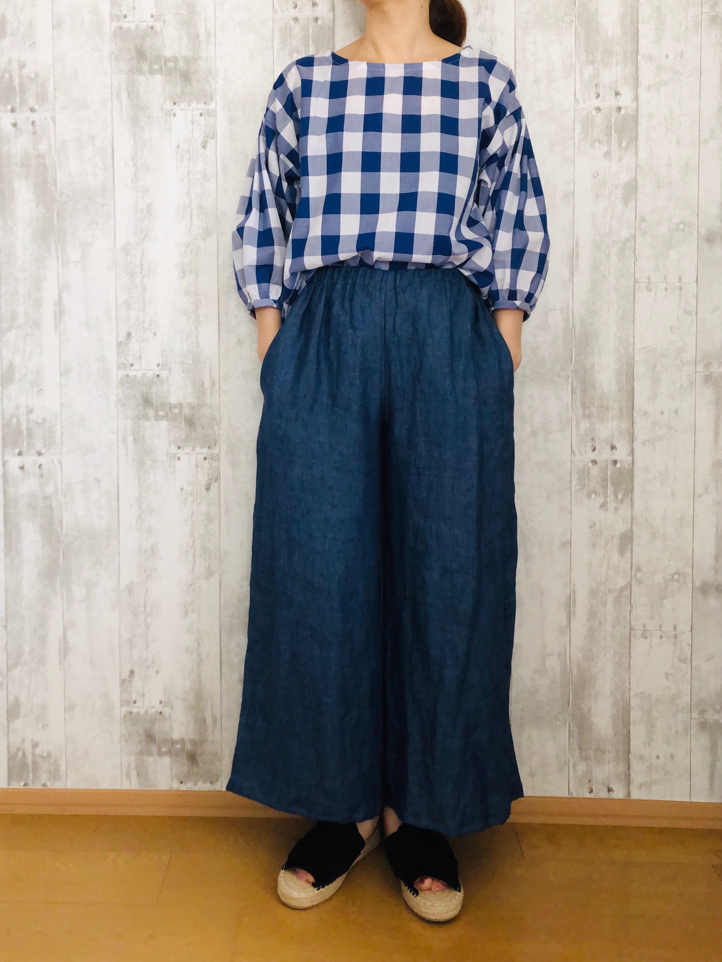 秋冬インディゴブルー高級リトアニアリネンヘリンボンワイドパンツ