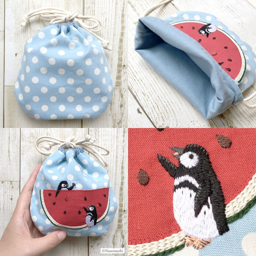 ☆Creema限定先行販売＆送料無料☆ペンギンとスイカの巾着 巾着袋