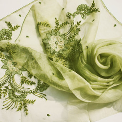 春夏向けシルクウール手刺繍ストール　薄緑色 1枚目の画像