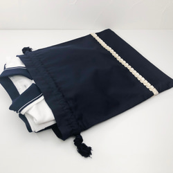 [お受験・入園入学バッグ・サイズ変更も] シックな体操服袋▫️ ダブルプリーツリボン(オフホワイト) 2枚目の画像