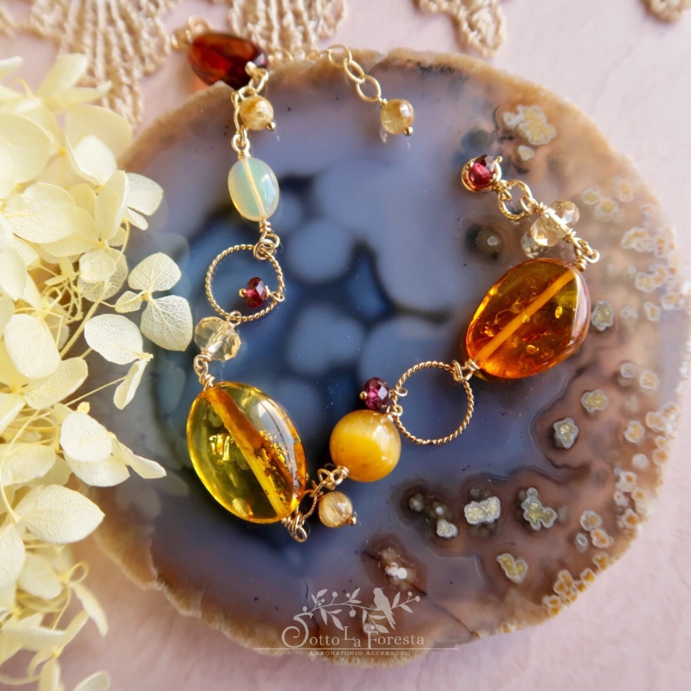 バルト海産《天然琥珀》×秋色ジュエルのK14GFブレスレット(14kgf)