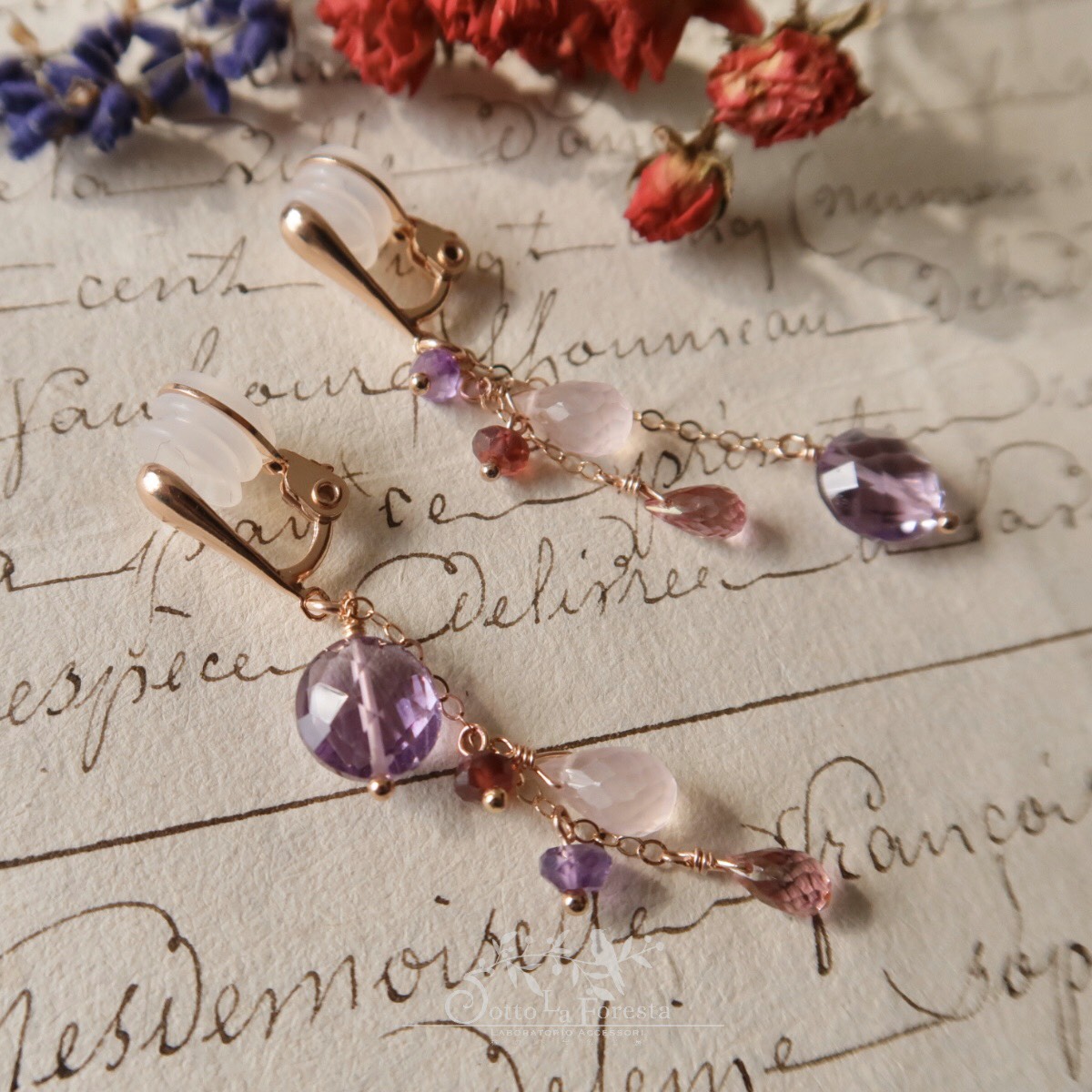 《ピンクゴールド》アメジスト×ピンクグラデーション アシンメトリーイヤリング ★痛くないイヤリング