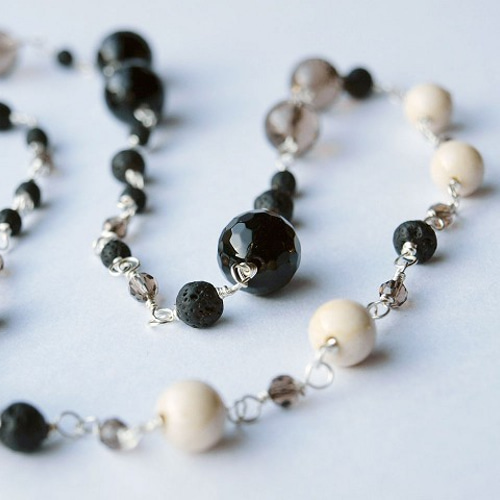 大粒スモーキークォーツとオニキスのロングネックレス 天然石 シルバー