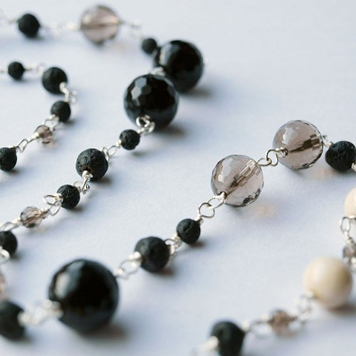 大粒スモーキークォーツとオニキスのロングネックレス 天然石 シルバー