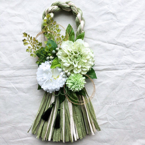 お正月　しめ縄飾り　一点飾り creema限定 お正月飾り しめ縄 一点物 グリーン 若草色 ナチュラル