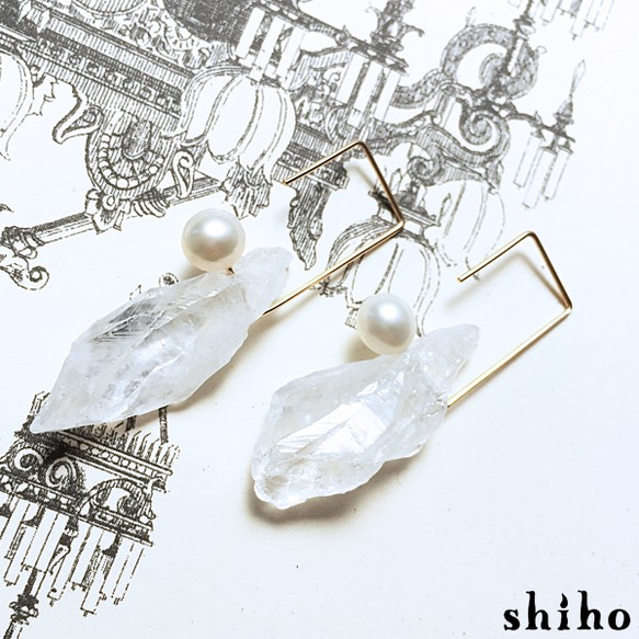 再販♡【14Kgf square hook pierce(S)＜rough Crystal/Pearl＞】 2枚目の画像