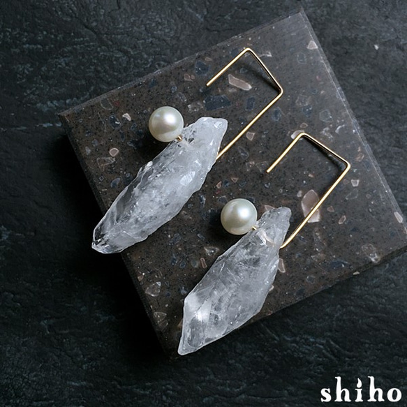 再販♡【14Kgf square hook pierce(S)＜rough Crystal/Pearl＞】 3枚目の画像