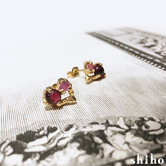 ガーネット&ピンクサファイアのハートピアス【Melty pierce＜Garnet/Pink sapphire＞】 3枚目の画像