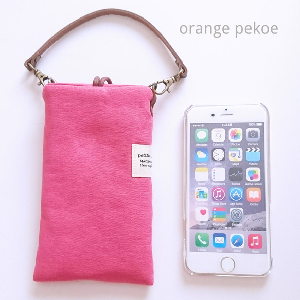 綿麻無地のスマホポーチ (MＬ) チェリーピンク iPhone mini メガネケース 2枚目の画像