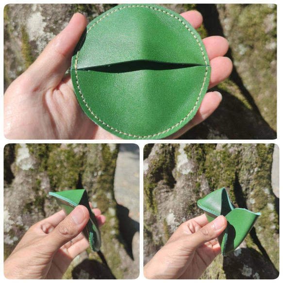 ワンプッシュでガバっと開く 不思議な本革ヌメ革コインケース ミニ財布　小銭入れ　お金が貯まる緑の財布 1枚目の画像