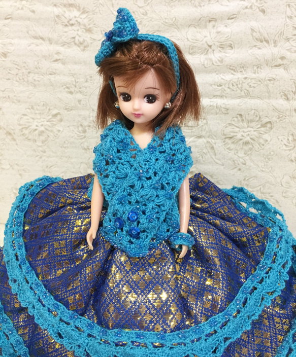 ドール服/リカちゃん/編み物/ハンドメイド/青いドレス 4点セット