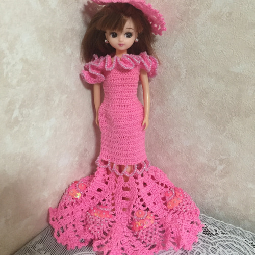 ドール服/リカちゃん/編み物/ハンドメイド/ピンクドレス 2点セット 