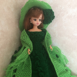 ドール服/リカちゃん/編み物/ハンドメイド/グリーンドレス 3点セット