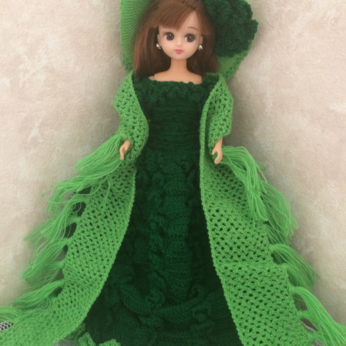 ドール服/リカちゃん/編み物/ハンドメイド/グリーンドレス 3点セット