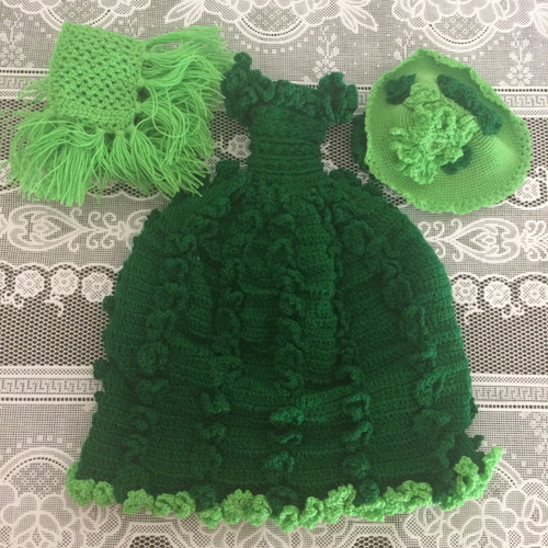ドール服/リカちゃん/編み物/ハンドメイド/グリーンドレス 3点
