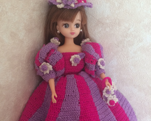 ドール服/リカちゃん/編み物/ハンドメイド/ピンクと紫ドレス 3点セット 
