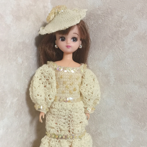 ドール服/リカちゃん/編み物/ハンドメイド/アイボリードレス 3点セット 