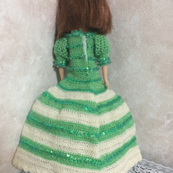 ドール服/リカちゃん/編み物/ハンドメイド/緑白色 2点セット【ドレス・ネックレス】 4枚目の画像