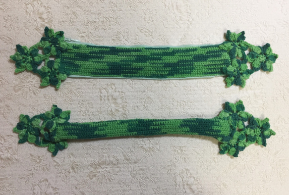 グリーンミックス/三つ小花/バッグハンドルカバー/編み物/手編み/LVバッグハンドルカバー26cm 2枚目の画像