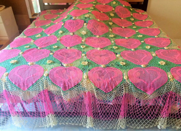 ピンクハート/手編みのベッドカバー/ソファーカバー/かぎ針編みのベッドカバー/手編み 3枚目の画像