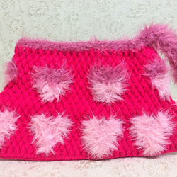 ピンクハート/編みバッグ/クラッチ/小バッグ/編み物/手編み 2枚目の画像