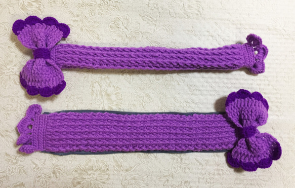 紫リボン/バッグハンドルカバー/手編み/手作り/かぎ針編み/編み物 26cm 2枚目の画像