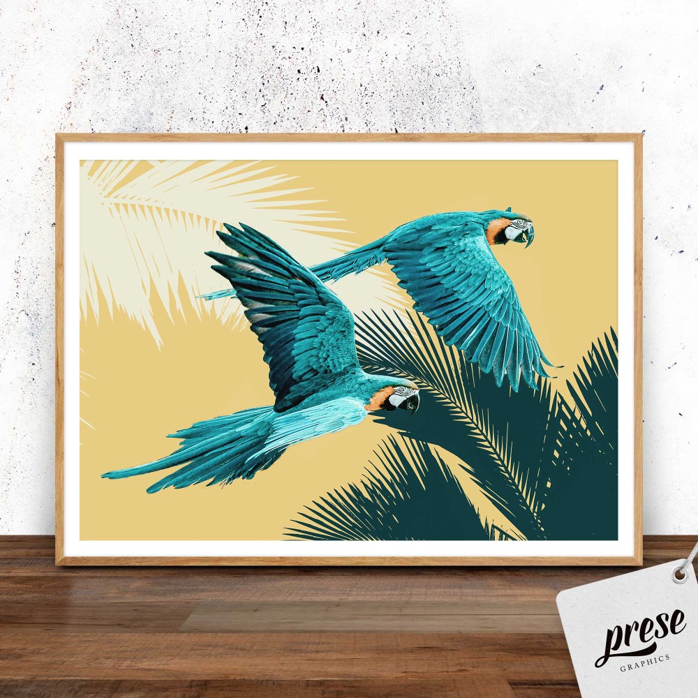 コンゴウインコ、ルリコンゴウインコ　海外土産　絵画2点 つがいで飛ぶルリコンゴウインコ 写真・グラフィック preseART