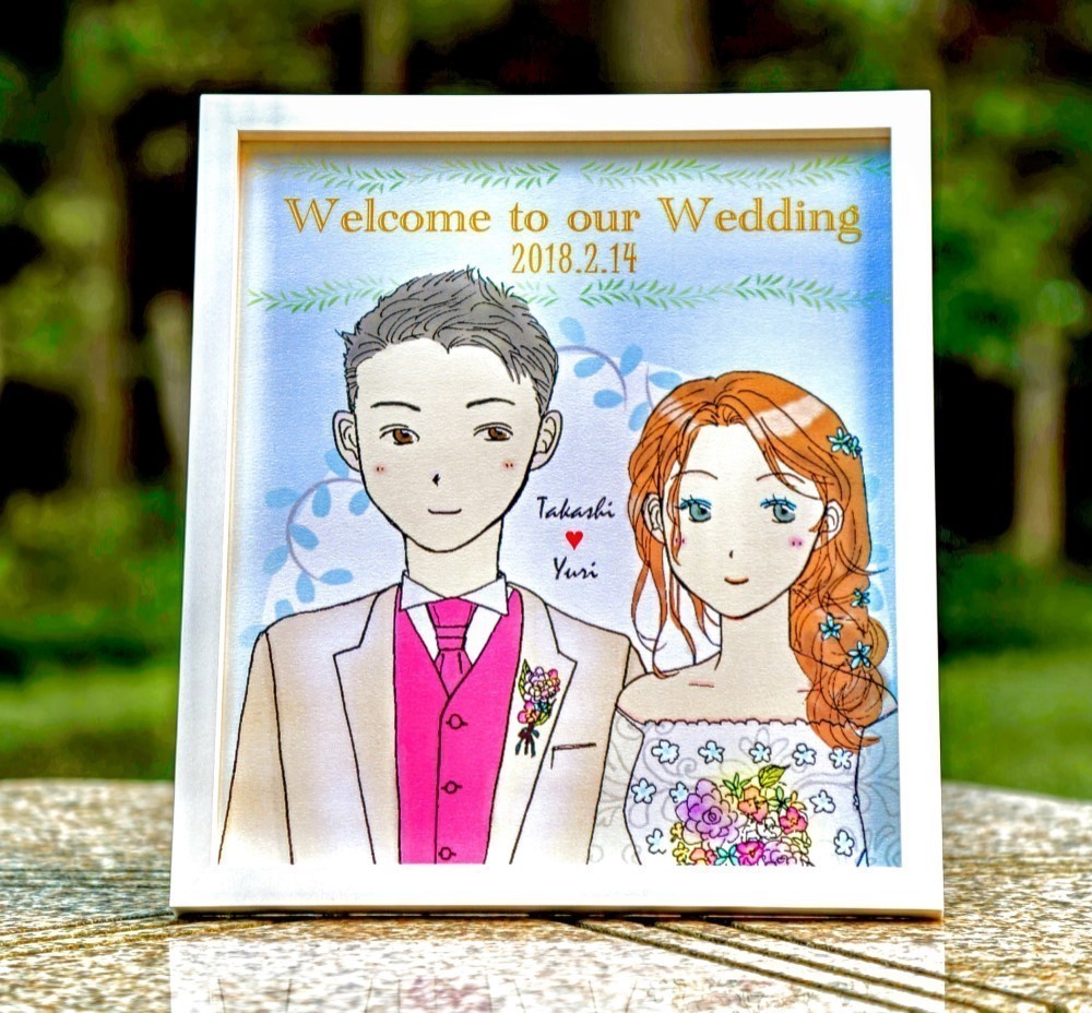 ウェディング・ウェルカムボード♥似顔絵オーダーメイド！素敵なガラス入り木製フレーム付き＆送料込