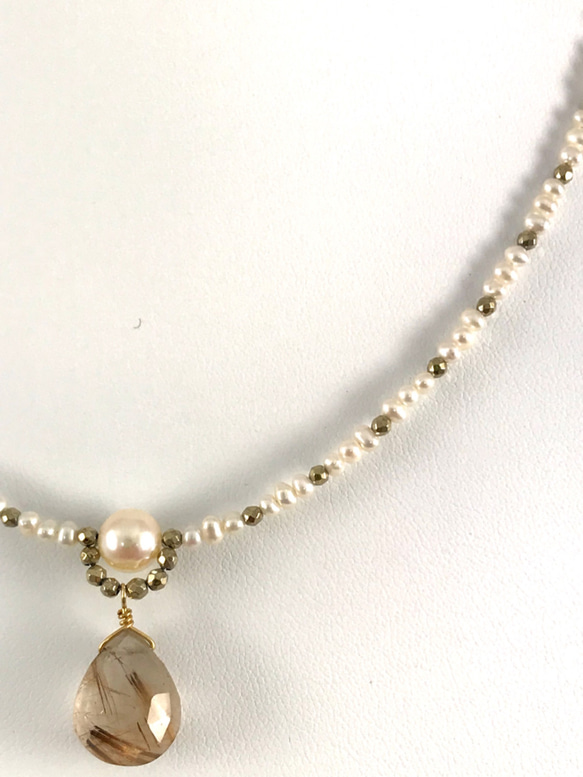 ゴールドルチルクォーツ&本真珠のネックレス 4枚目の画像