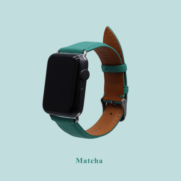 多色真皮革山羊皮系列馬卡龍夢幻綠色抹茶蘋果手錶Apple Watch錶帶 第2張的照片