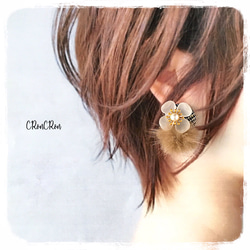 pierce/earring♡ミンクファー ピアス イヤリング フラワー 花 グレンチェック グレー ブラウン 2枚目の画像