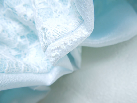 ペールブルー☆透き通るような水色が涼しげなお花柄のチュ－ルレースを重ねた1.2倍コロンと巾着:受注製作です 6枚目の画像
